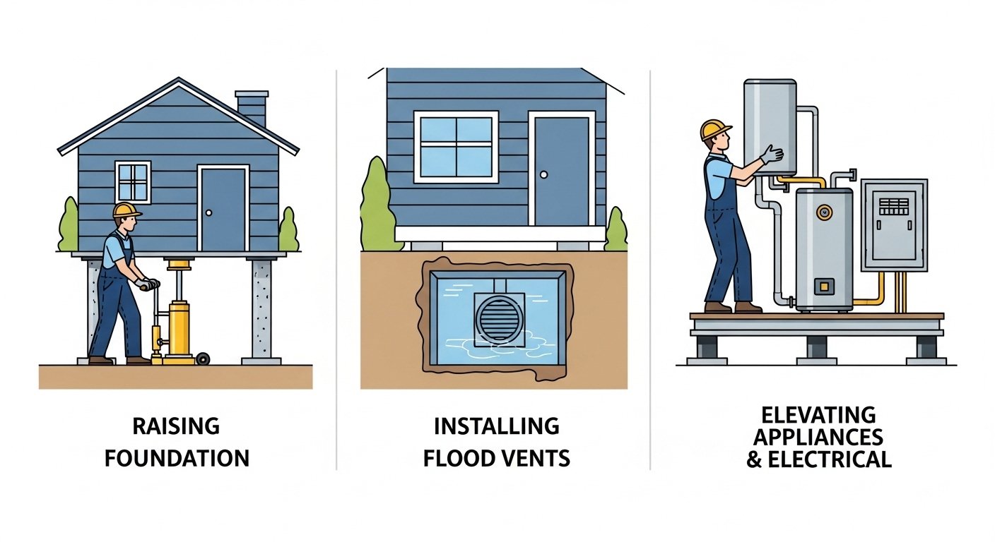 Comparing Rates: A step-by-step illustration showing flood mitigation efforts such as raising a home's foundation, installing flood vents, and elevating utilities, which can help lower a homeowner's flood insurance premium in Alabama. By USA Insure Today Comparing Rates: A step-by-step illustration showing flood mitigation efforts such as raising a home's foundation, installing flood vents, and elevating utilities, which can help lower a homeowner's flood insurance premium in Alabama. By USA Insure Today