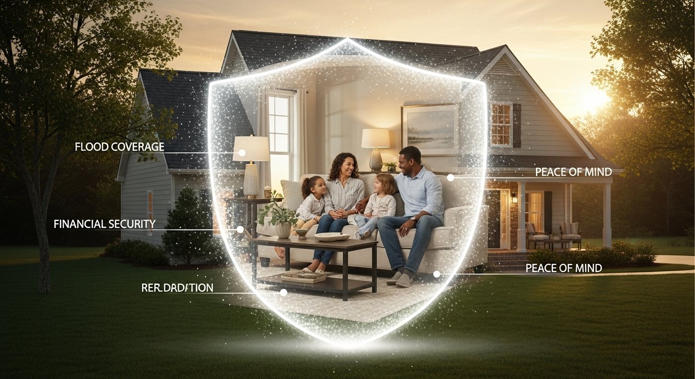 Comparing Rates: A conceptual image of an Alabama home and family protected by a glowing shield of flood insurance coverage, symbolizing the peace of mind and financial security it provides. By USA Insure Today Comparing Rates: A conceptual image of an Alabama home and family protected by a glowing shield of flood insurance coverage, symbolizing the peace of mind and financial security it provides. By USA Insure Today