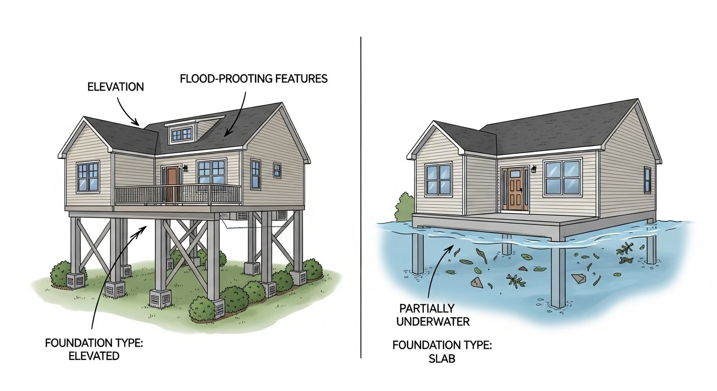 Comparison of elevated vs slab home in flood zone Comparison of elevated vs slab home in flood zone