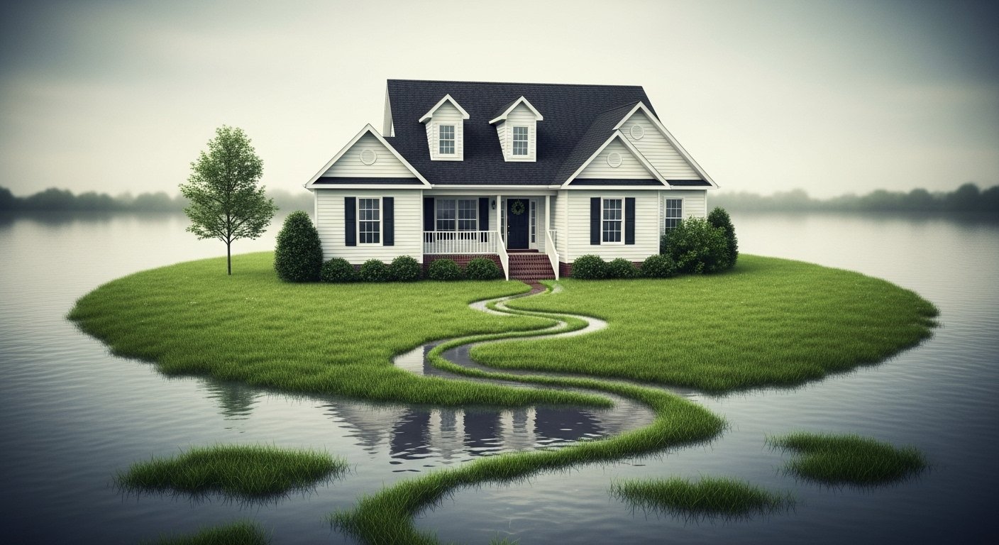 Finding Affordable Coverage: A conceptual image showing a seemingly safe low-risk Alabama home being threatened by unexpected floodwaters from flash floods and poor drainage. By USA Insure Today Finding Affordable Coverage: A conceptual image showing a seemingly safe low-risk Alabama home being threatened by unexpected floodwaters from flash floods and poor drainage. By USA Insure Today