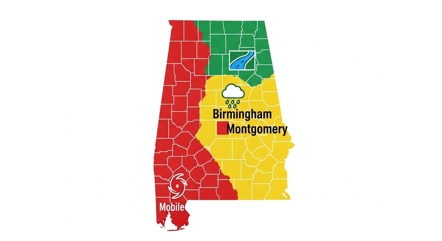 Beyond the NFIP: A map of Alabama visually demonstrating how flood insurance costs and risks vary by region, from high-risk coastal areas to urban centers and more rural counties. By USA Insure Today Beyond the NFIP: A map of Alabama visually demonstrating how flood insurance costs and risks vary by region, from high-risk coastal areas to urban centers and more rural counties. By USA Insure Today