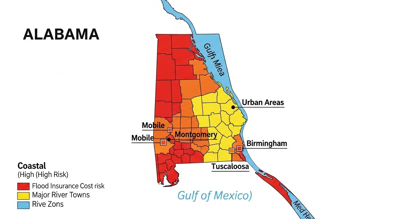 Map of Alabama showing flood risk regions and insurance costs Map of Alabama showing flood risk regions and insurance costs