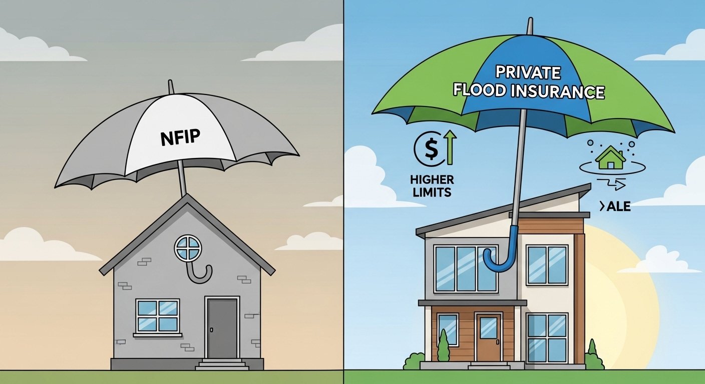 Comparing Rates: A visual comparison of flood insurance options, contrasting the limited coverage of NFIP with the expanded, more flexible protection offered by private flood insurers in Alabama. By USA Insure Today Comparing Rates: A visual comparison of flood insurance options, contrasting the limited coverage of NFIP with the expanded, more flexible protection offered by private flood insurers in Alabama. By USA Insure Today