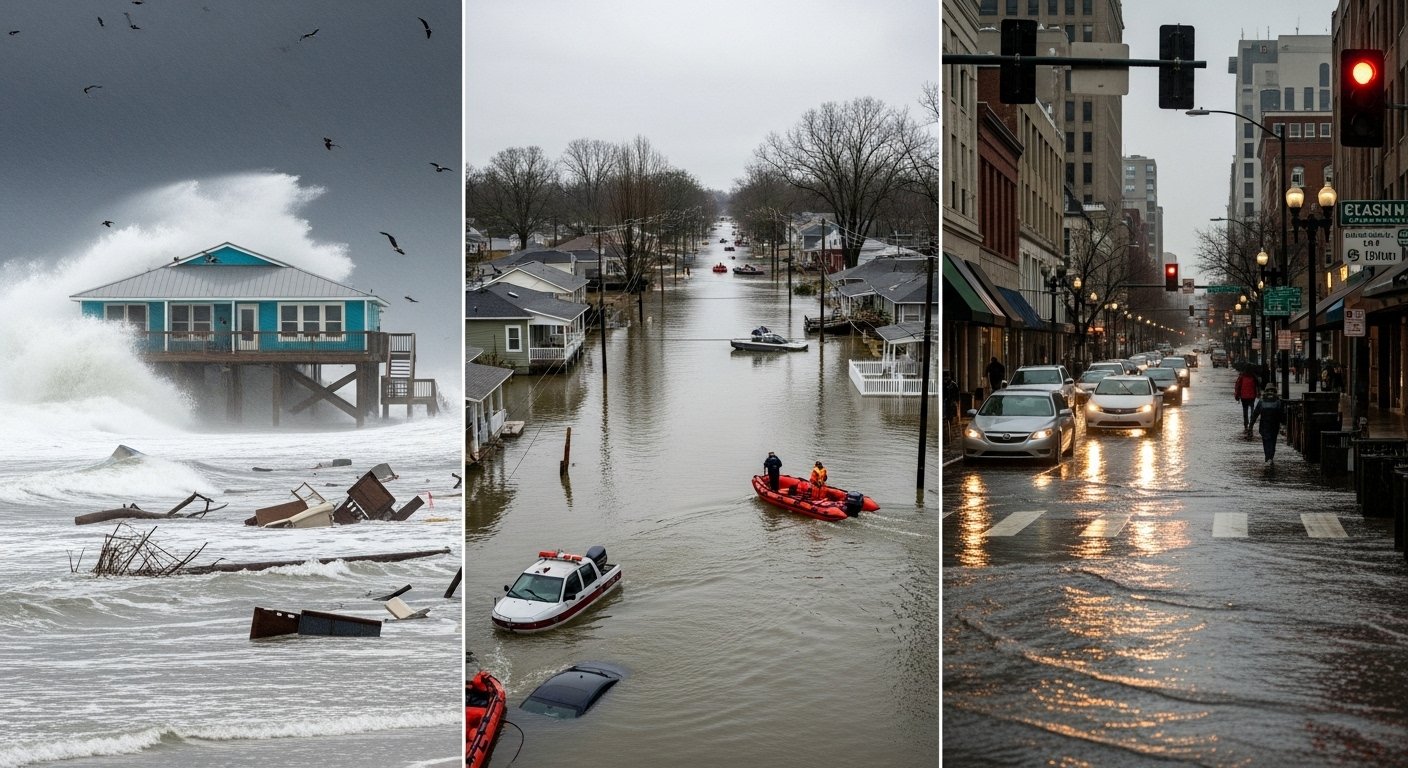 Unpacking Your Premium: A triptych showing the varied flood risks across Alabama, including coastal storm surge, inland river flooding, and urban flash flooding, to demonstrate that the need for insurance isn't limited to one type of disaster. By USA Insure Today Unpacking Your Premium: A triptych showing the varied flood risks across Alabama, including coastal storm surge, inland river flooding, and urban flash flooding, to demonstrate that the need for insurance isn't limited to one type of disaster. By USA Insure Today