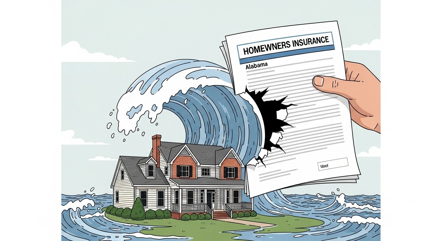 Unpacking Your Premium: An illustration of standard homeowners insurance with a flood-shaped hole, highlighting the critical coverage gap for Alabama homes and the need for a separate flood policy. By USA Insure Today Unpacking Your Premium: An illustration of standard homeowners insurance with a flood-shaped hole, highlighting the critical coverage gap for Alabama homes and the need for a separate flood policy. By USA Insure Today