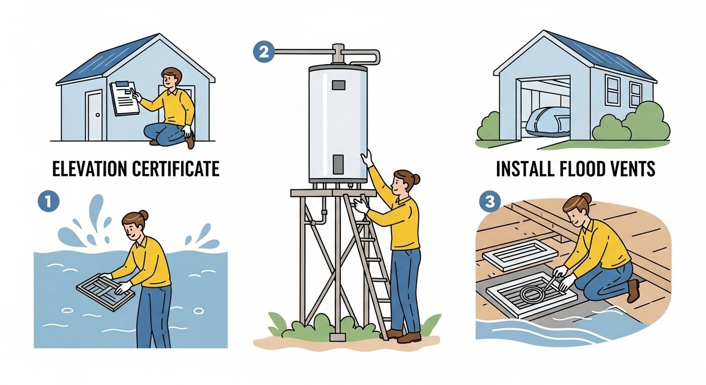 Finding Affordable Coverage: An infographic showing proactive steps an Alabama homeowner can take to lower their flood insurance premium, including obtaining an elevation certificate and making smart mitigation upgrades. By USA Insure Today Finding Affordable Coverage: An infographic showing proactive steps an Alabama homeowner can take to lower their flood insurance premium, including obtaining an elevation certificate and making smart mitigation upgrades. By USA Insure Today