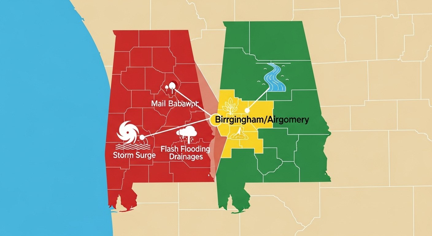 Comparing Rates: A map of Alabama highlighting three different regions—coastal, urban, and rural—to illustrate the variation in flood risk and how much flood insurance costs across the state. By USA Insure Today Comparing Rates: A map of Alabama highlighting three different regions—coastal, urban, and rural—to illustrate the variation in flood risk and how much flood insurance costs across the state. By USA Insure Today