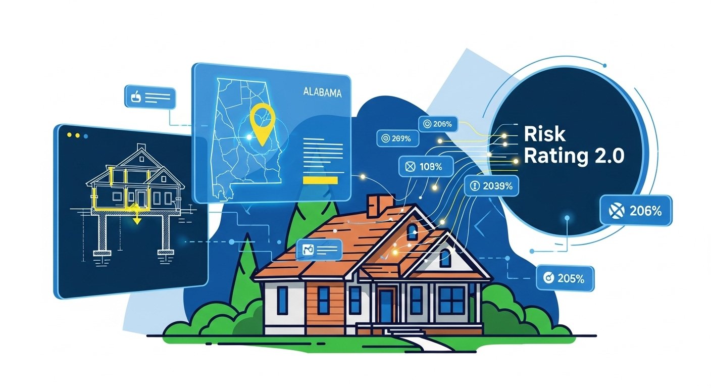 Unpacking Your Premium: A visual representation of FEMA's Risk Rating 2.0 system, which uses advanced data and technology to assess an Alabama home's individual flood risk based on factors like elevation, proximity to water, and construction. By USA Insure Today Unpacking Your Premium: A visual representation of FEMA's Risk Rating 2.0 system, which uses advanced data and technology to assess an Alabama home's individual flood risk based on factors like elevation, proximity to water, and construction. By USA Insure Today