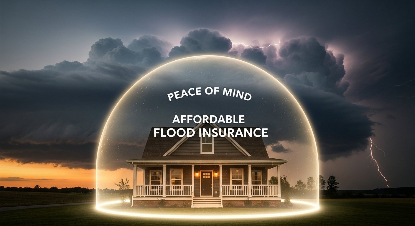 Finding Affordable Coverage: A conceptual image of a home and family in Alabama protected by a glowing shield of affordable flood insurance, symbolizing the peace of mind it provides for low-risk properties. By USA Insure Today Finding Affordable Coverage: A conceptual image of a home and family in Alabama protected by a glowing shield of affordable flood insurance, symbolizing the peace of mind it provides for low-risk properties. By USA Insure Today