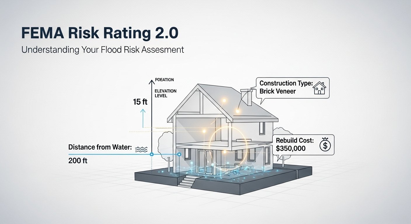 FEMA Risk Rating 2.0 diagram showing home risk factors FEMA Risk Rating 2.0 diagram showing home risk factors