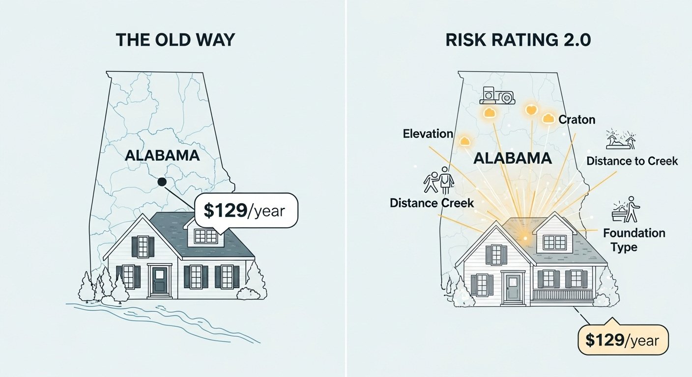 Finding Affordable Coverage: A visual comparison of the old Preferred Risk Policy (PRP) pricing system and FEMA's new Risk Rating 2.0, which uses a personalized assessment to determine flood insurance costs for low-risk homes in Alabama. By USA Insure Today Finding Affordable Coverage: A visual comparison of the old Preferred Risk Policy (PRP) pricing system and FEMA's new Risk Rating 2.0, which uses a personalized assessment to determine flood insurance costs for low-risk homes in Alabama. By USA Insure Today