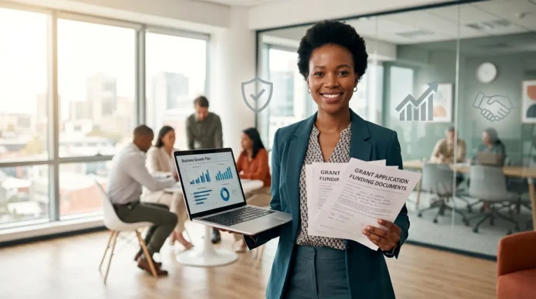 Woman business owner reviewing grants for women and insurance options for her small business