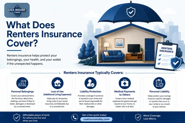 Young U.S. renter reviewing what renters insurance covers to protect personal belongings and liability